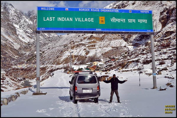 Tilak Soni of Where Eagles Dare at the entry point of Mana village