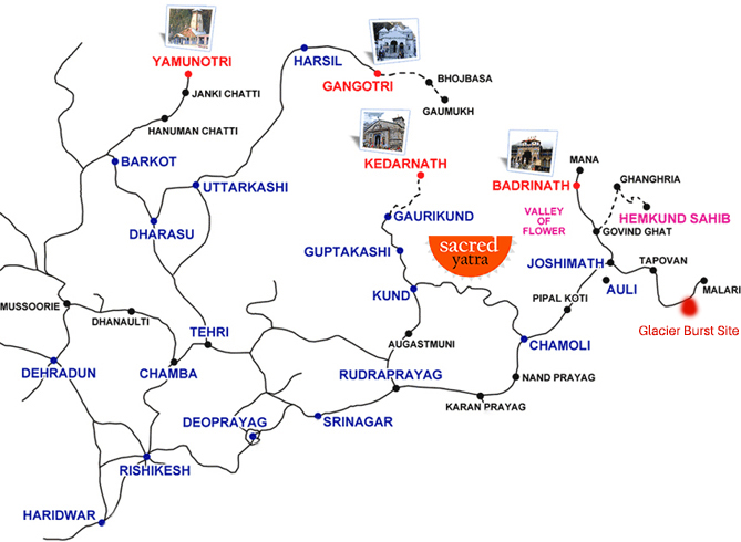 Chardham Yatra Route Map with Glacier Burst Location